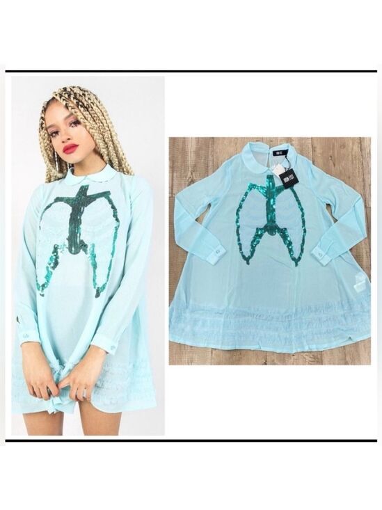 Iron Fist Tops - Iron Fist Dead Mermaid Walking Dress Pastel Goth Blue Sequin Rib Cage Pan Collar